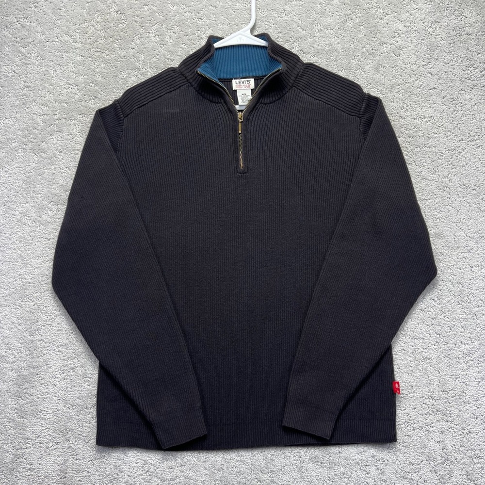 Levis Red Tab Sweater Men Medium Black Ribbed Cotton Quarter Zip Pullover Cotton